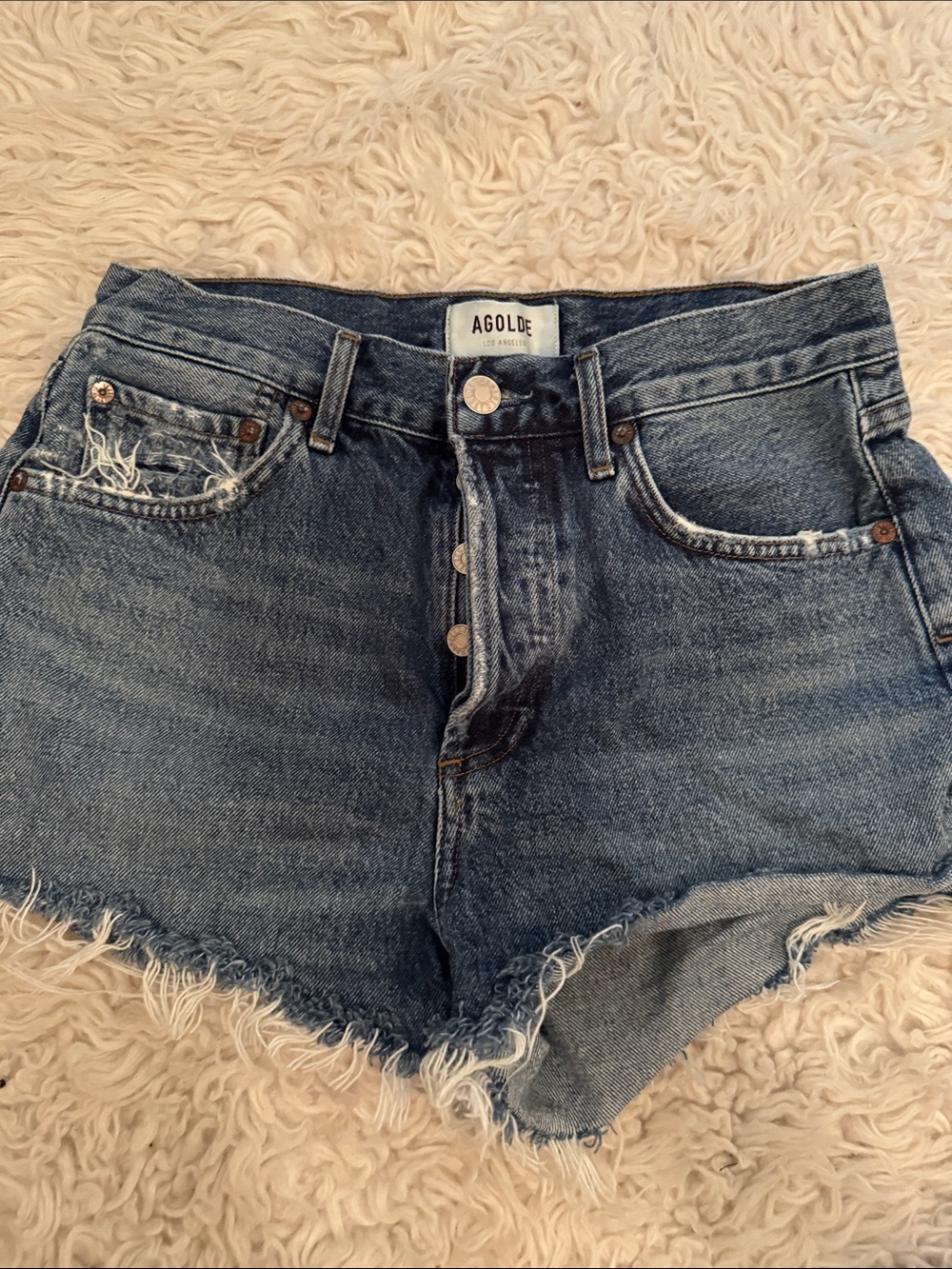 Agolde Distressed High-Rise Denim Shorts in Blue Wash